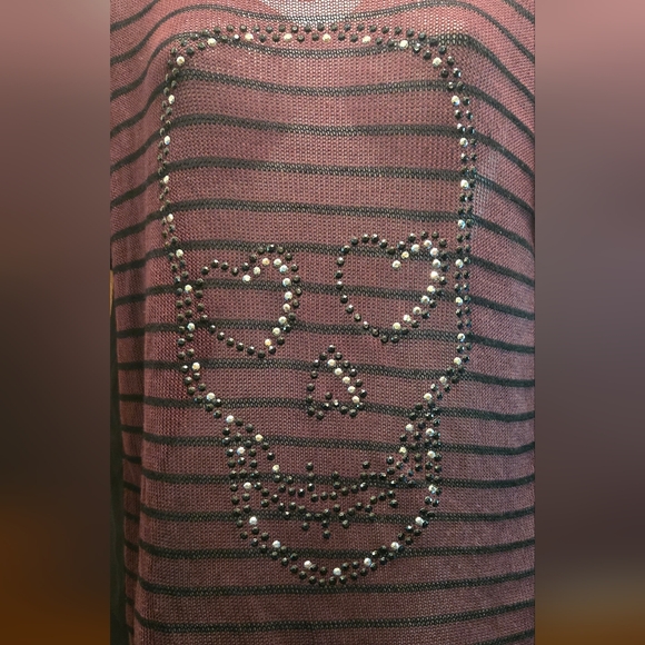 BONGO Black & Burgundy Striped Sheer Short Sleeve Skull Tee SzXL - Picture 3 of 7